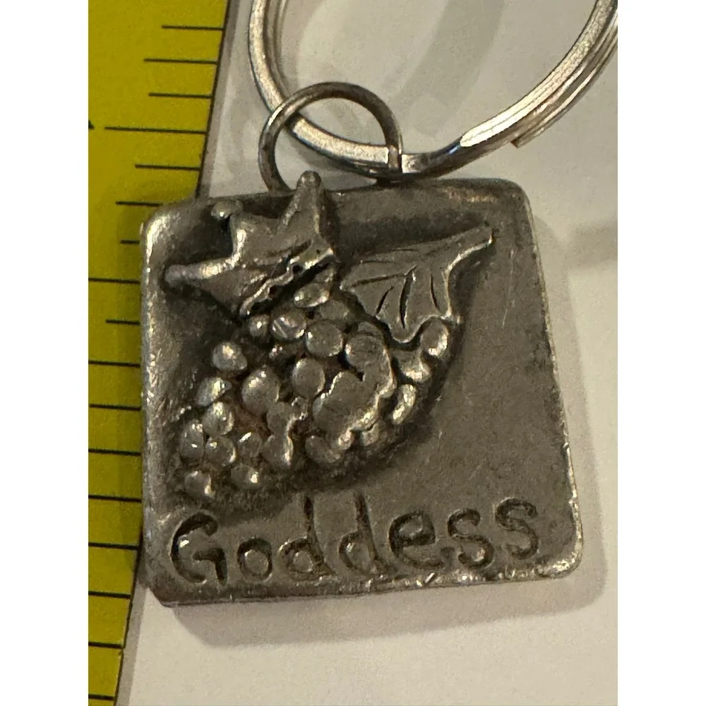 Vintage Goddess Keychain Crowned Grapes Wine Theme Silver Tone Square Charm